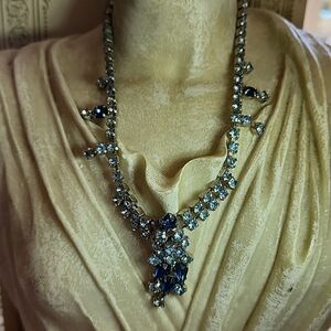 Vintage Ice & Cobalt Blue Rhinestone Necklace & Earrings on Silver Tone Setting